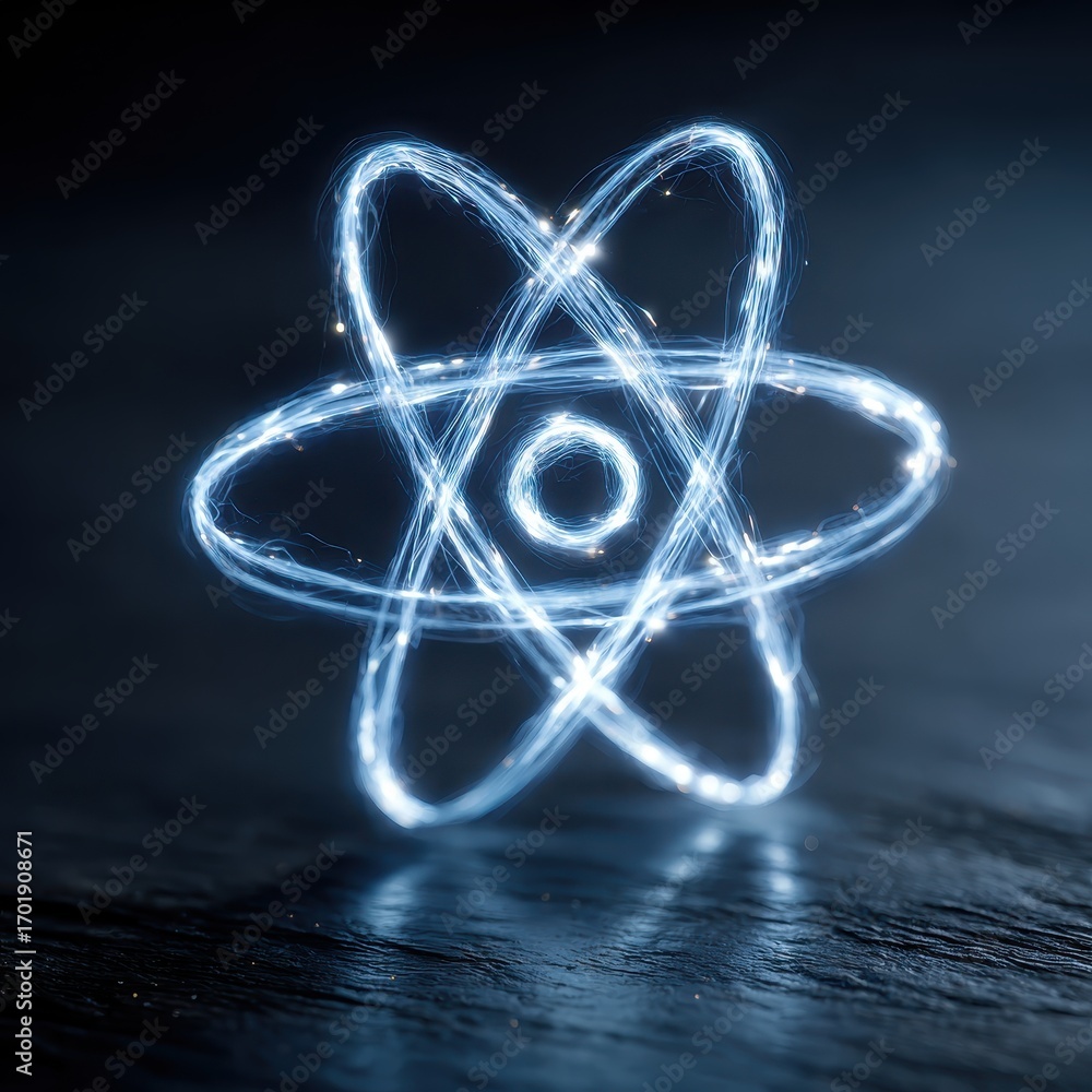 Poster abstract image of a glowing blue atomic structure on a dark reflective surface. the atom is depicted