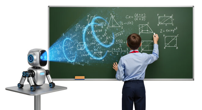 Futuristic Learning: Boy, Robot, and Holographic Math Equations on Chalkboard