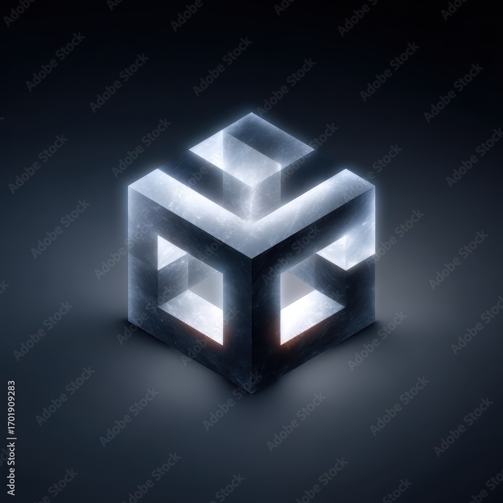 Poster abstract 3d rendering of a glowing cube with dark background. inner light illuminates geometric stru