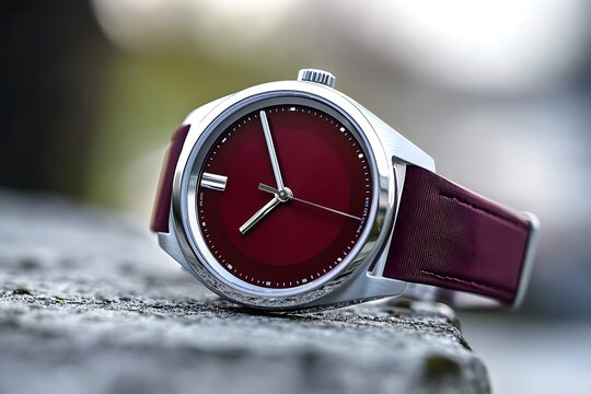 A wine red face watch with silver chrome bezel set on raw concrete, subtle mirrored glow beneath the curve. 