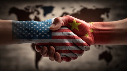 International Trade Agreement: Handshake with USA and China Flags, Global Business Partnership, Cooperation in Commerce