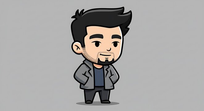Cute chibi cartoon man with black hair, a goatee, and a grey jacket standing casually.