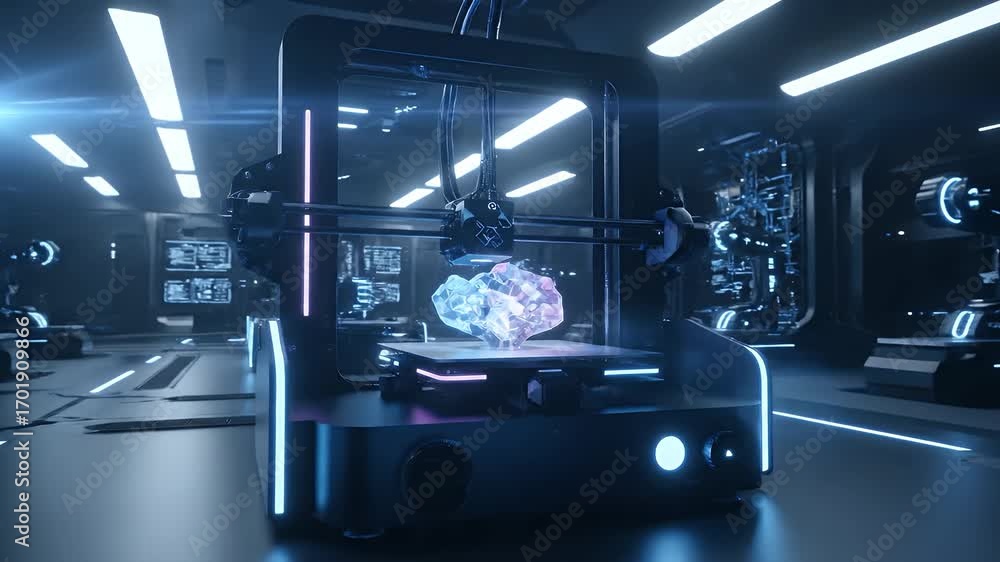 Poster 3d printing a brain: an artistic rendering of a futuristic 3d printer meticulously constructing a hu