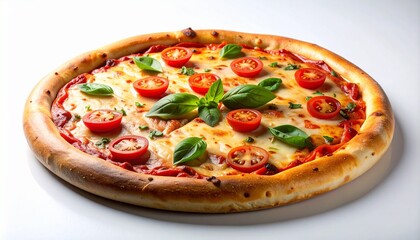 Pizza slice floating on white background. AI generated.