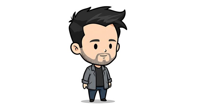 Cute chibi cartoon man with black hair and a goatee wearing a grey jacket, isolated on a white background.