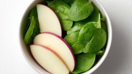 Fresh spinach leaves and slices of apple are elegantly arranged in a bowl, creating a visually appealing, healthy composition, Ideal for articles about nutrition, healthy eating, or recipe blogs,