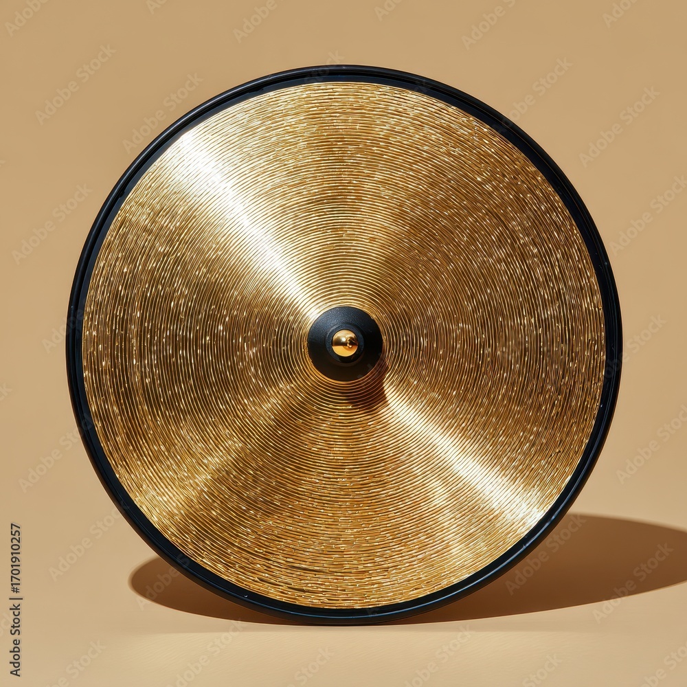 Poster close up view of a circular object with a gold surface featuring a wave like pattern and a black bor