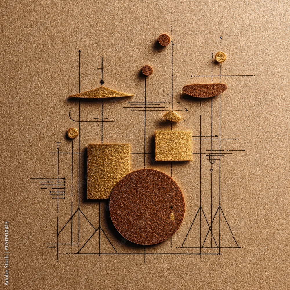 Poster abstract image of a drum kit made of gold and brown glitter geometric shapes on a tan background wit