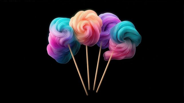 Colorful cotton candy swirls on wooden sticks against a black background, perfect for representing fun, sweetness, or events like fairs and festivals, ideal for confectionery and party themes,