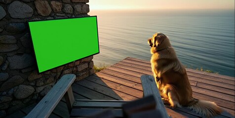 Dog watching green screen TV on a deck overlooking the ocean.