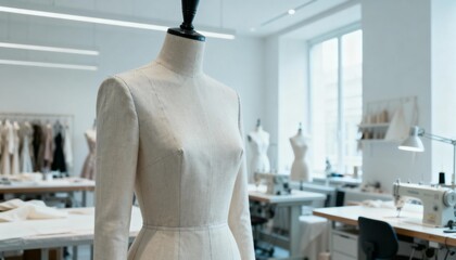Fashion Design Studio: Mannequin in a Bright Workspace for Clothing Creation and Tailoring
