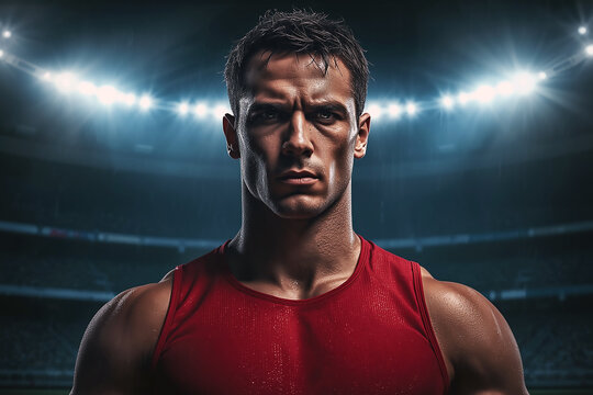 Intense athlete standing under stadium lights ready for competition