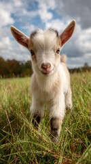 Obraz premium Young goat explores grassy field under cloudy sky