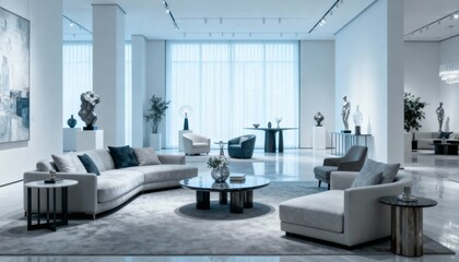 Luxury Interior Design Showcasing Modern Furniture and Art in a Spacious, Well-Lit Showroom