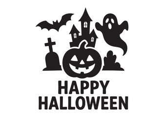 happy halloween logo silhouette vector, halloween vector logo illustration, halloween banner silhouette vector logo, spooky night halloween design logo silhouettes vector on white background. 