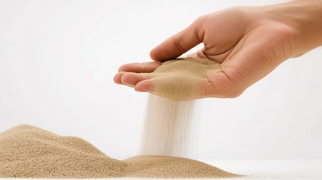Hand holding sand falling through fingers, symbolic concept of time passing, patience and mindfulness, natural desert material, texture of fine grains, human connection to earth, slow motion footage 4