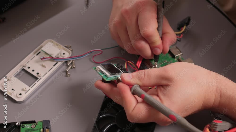 Poster engage in hands on electronics repair using a multimeter and proper wiring techniques