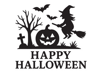 happy halloween logo silhouette vector, halloween vector logo illustration, halloween banner silhouette vector logo, spooky night halloween design logo silhouettes vector on white background. 