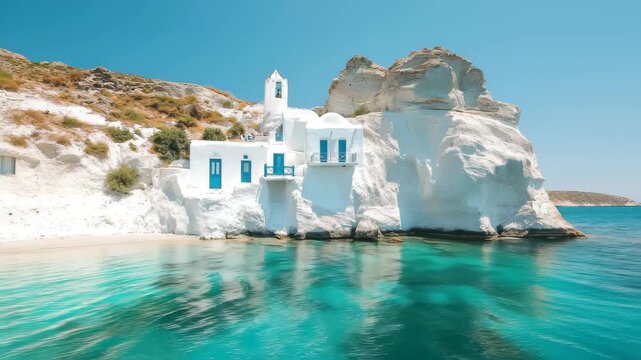 Experience the charm of white Greek houses in Plaka, Milos Island, Greece under a clear blue sky, White greek houses of Plaka Milos island Greece Beautiful nature