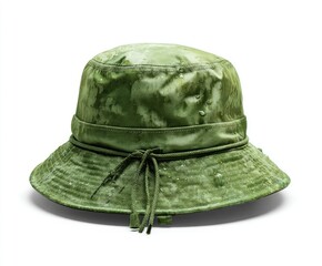 Olive green bucket hat with tie strings and mottled pattern