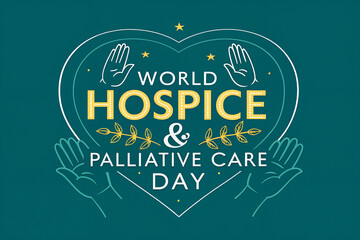 World Hospice & Palliative Care Day graphic with heart, raised hands, and decorative elements, symbolizing compassion, dignity, and support for serious illness care. generative ai