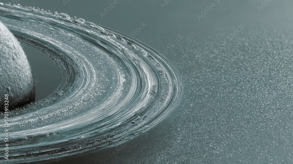 Poster abstract cosmic art depicting a gray planet with multiple rings, set against a dark background of ti