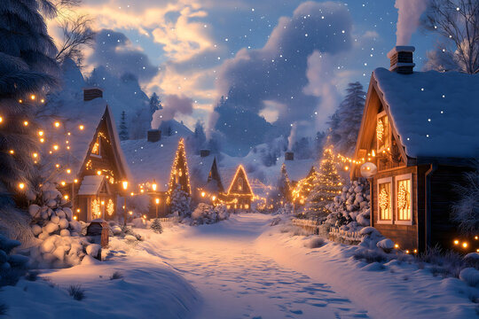 Bild eines verschneiten Dorfes in der D&auml;mmerung mit leuchtenden Weihnachtslichtern zwischen den H&auml;usern, Rauch aus den Schornsteinen und sanft fallendem Schnee unter tiefblauem Himmel &ndash; winterliche Id