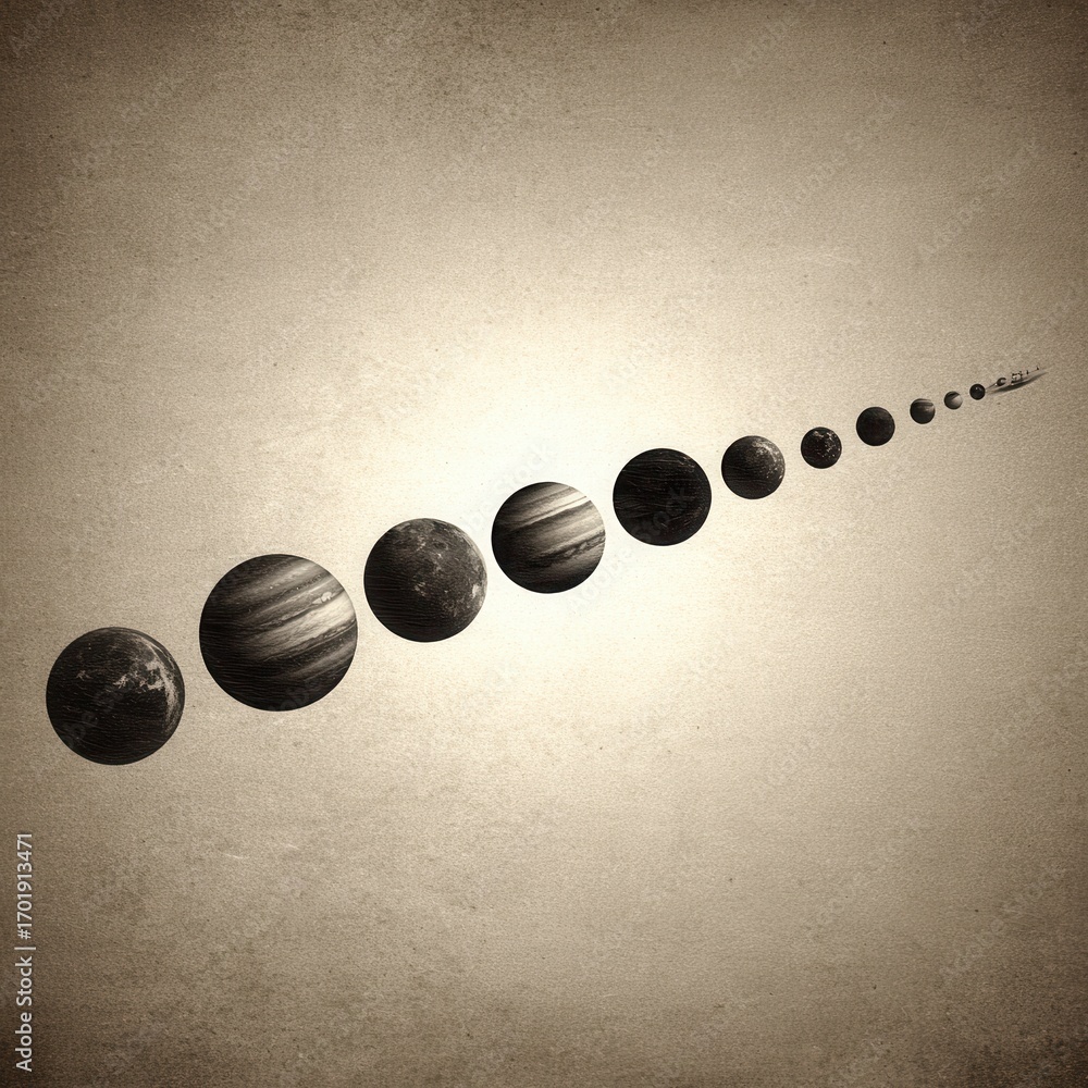 Poster abstract image of celestial bodies in grayscale, decreasing in size diagonally across a textured bac