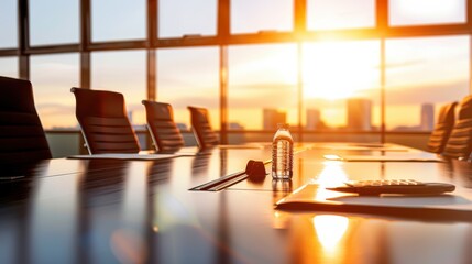 Obraz premium Empty modern conference room with city skyline at sunset. Boardroom with reflective table, golden light, and panoramic windows.