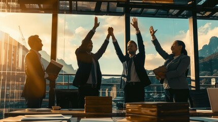 Diverse Business Team Celebrating Success in Modern Office. Hands Raised in Triumph at Sunset, Symbolizing Collaboration and Achievement.