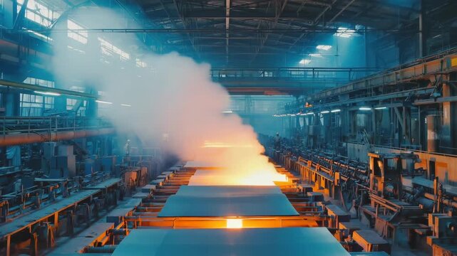 Glowing hot steel slabs moving along rollers in a steel mill, with industrial workers expertly controlling the intricate manufacturing process in a bustling factory environment