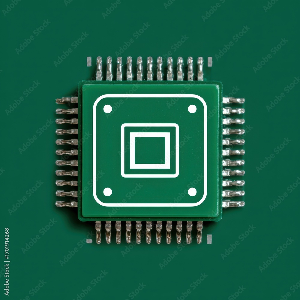 Poster close up view of a single square microchip with white design, set against a dark green background.