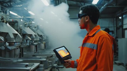Industrial engineer wearing augmented reality goggles, actively using a digital tablet while monitoring the production line in a bustling factory environment - Powered by Adobe