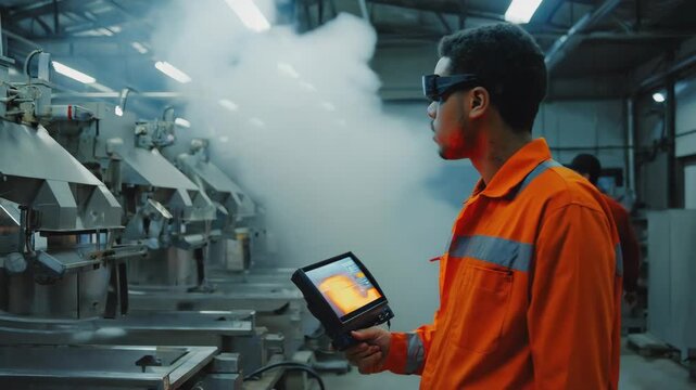 Industrial engineer wearing augmented reality goggles, actively using a digital tablet while monitoring the production line in a bustling factory environment