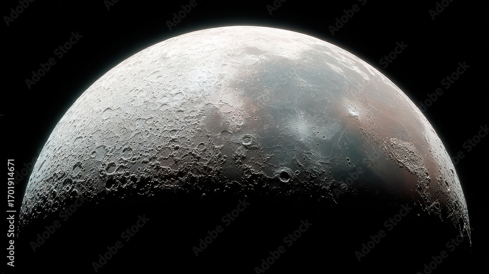 Poster close up view of a half moon against a black background, showcasing its craters and subtle color var