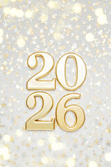 Holiday background Happy New Year 2026. Numbers of year 2026 made by gold candles on bokeh festive sparkling background. celebrating New Year holiday, close-up. Space for text