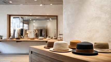 Stylish Hats Displayed on Wooden Counter in Boutique, with Mirror and Clothing Rack in Background