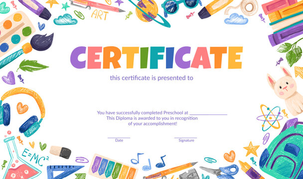 Colorful school and preschool diploma certificate for kids and children in kindergarten or primary grades with doodle elements, crayon scribbles, chalk on background. Vector cartoon flat illustration