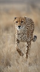 Naklejka premium Cheetah stalks prey in golden grasslands of Africa