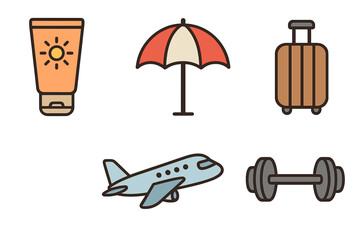 Travel and vacation flat icon set. Summer holiday essentials including airplane, luggage, sunscreen, beach umbrella and fitness dumbbell. Tourism and lifestyle vector symbols.