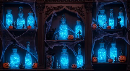 Glowing blue potion bottles displayed on shelves adorned with Halloween decorations and cobwebs.