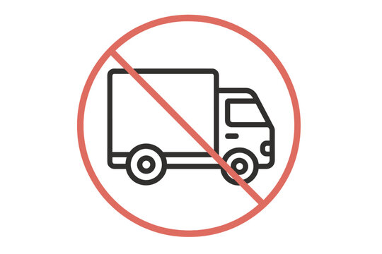 No trucks icon. Lorry prohibited road sign. No delivery service symbol. Freight transport forbidden. No entry for goods vehicles. Vector outline pictogram for web and app.