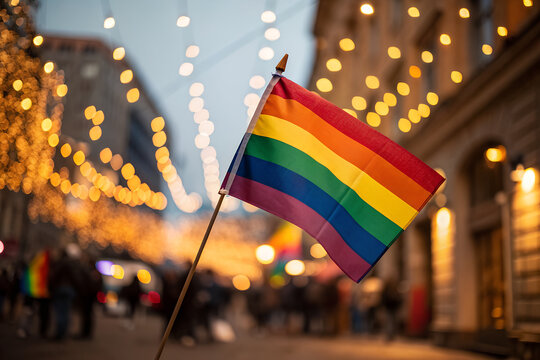 Rainbow pride flag waving over festive urban street with string lights and crowd, celebrating LGBTQ+ visibility, inclusion, and community during Coming Out Day. generative ai