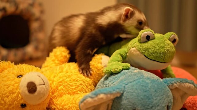 Playful Ferret Surrounded by a Pile of Colorful Stuffed Animals.