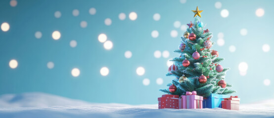 Obraz premium Christmas tree with gifts in winter setting decorated with lights and ornaments