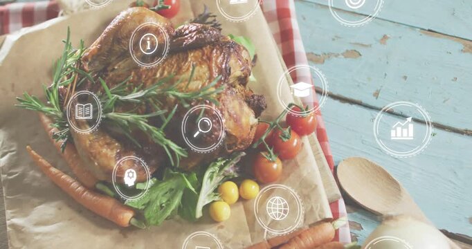 White icons materializing above roasted chicken, drifting clockwise, pulsing to visualize overlay