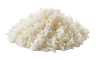 A small mound of cooked white rice is on a clean white surface. The simple boiled grain is a common and versatile food.