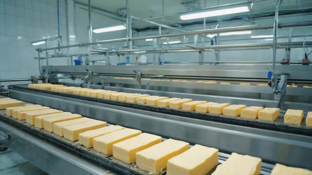 Freshly made butter blocks are being transported on a conveyor belt system within a modern dairy factory, showcasing the automated production process