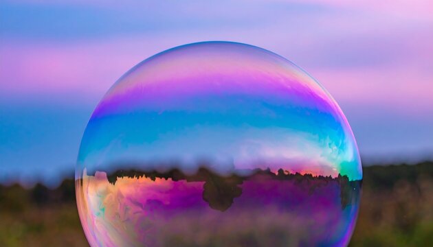 Large soap bubble reflecting a colorful sunset sky