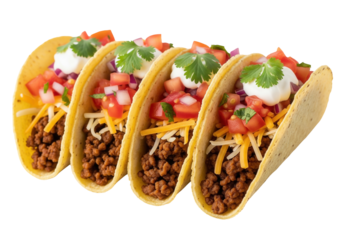 A line of four hard-shell tacos filled with seasoned ground meat, shredded cheese, and chopped vegetables is on a clean white surface. The savory food is a hearty meal.